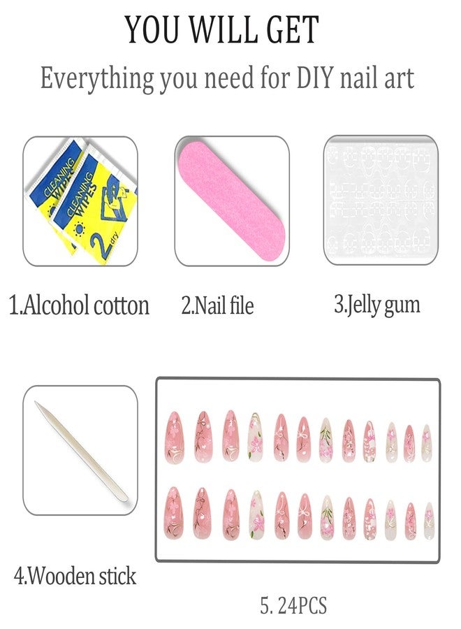 WAFOLOZE Almond Shape Press on Nails Medium Fake Nails with 3D Line Flower Bow Pearl Diamond Handmade Designs Acrylic Glue on False Nails Artificial Nail Press Ons Stick On Nails for Women 24Pcs - Image 5